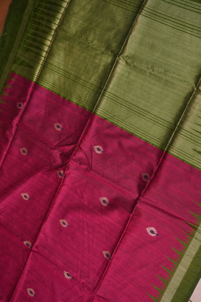 Semi Raw Silk Saree with Temple Border – Rani Pink & Olive Green