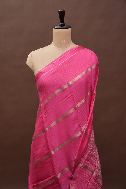 Candy Pink Crepe Silk Saree with Antique Gold Zari Border and Microchecks