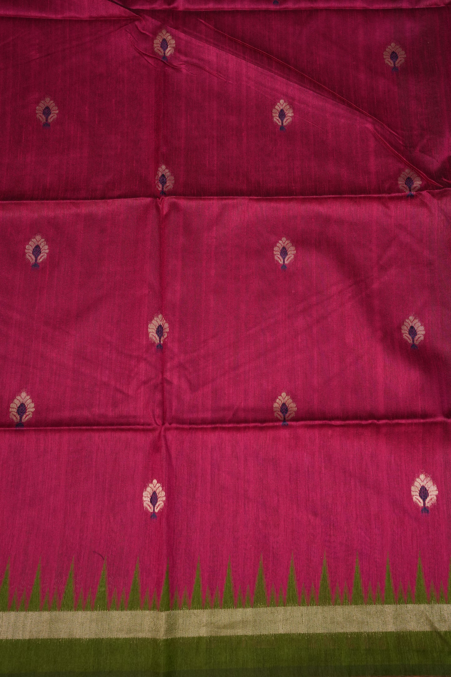 Semi Raw Silk Saree with Temple Border – Rani Pink & Olive Green