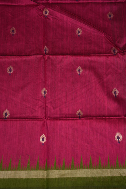 Semi Raw Silk Saree with Temple Border – Rani Pink & Olive Green