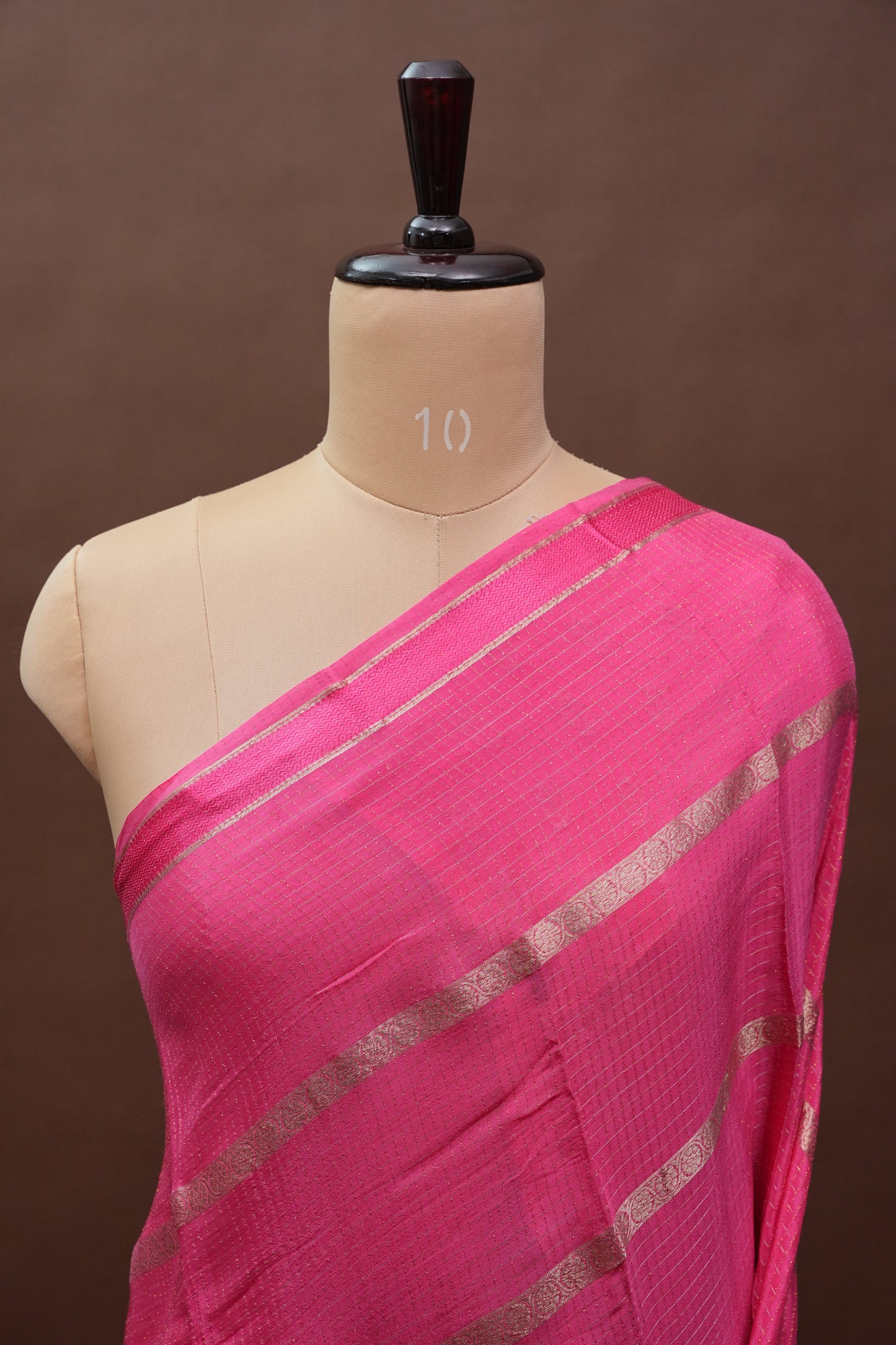 Candy Pink Crepe Silk Saree with Antique Gold Zari Border and Microchecks
