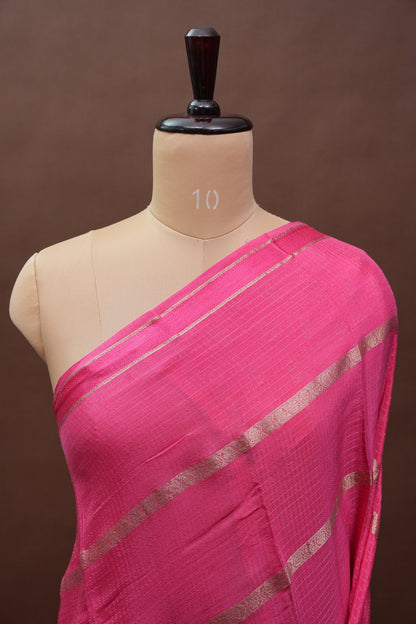 Candy Pink Crepe Silk Saree with Antique Gold Zari Border and Microchecks