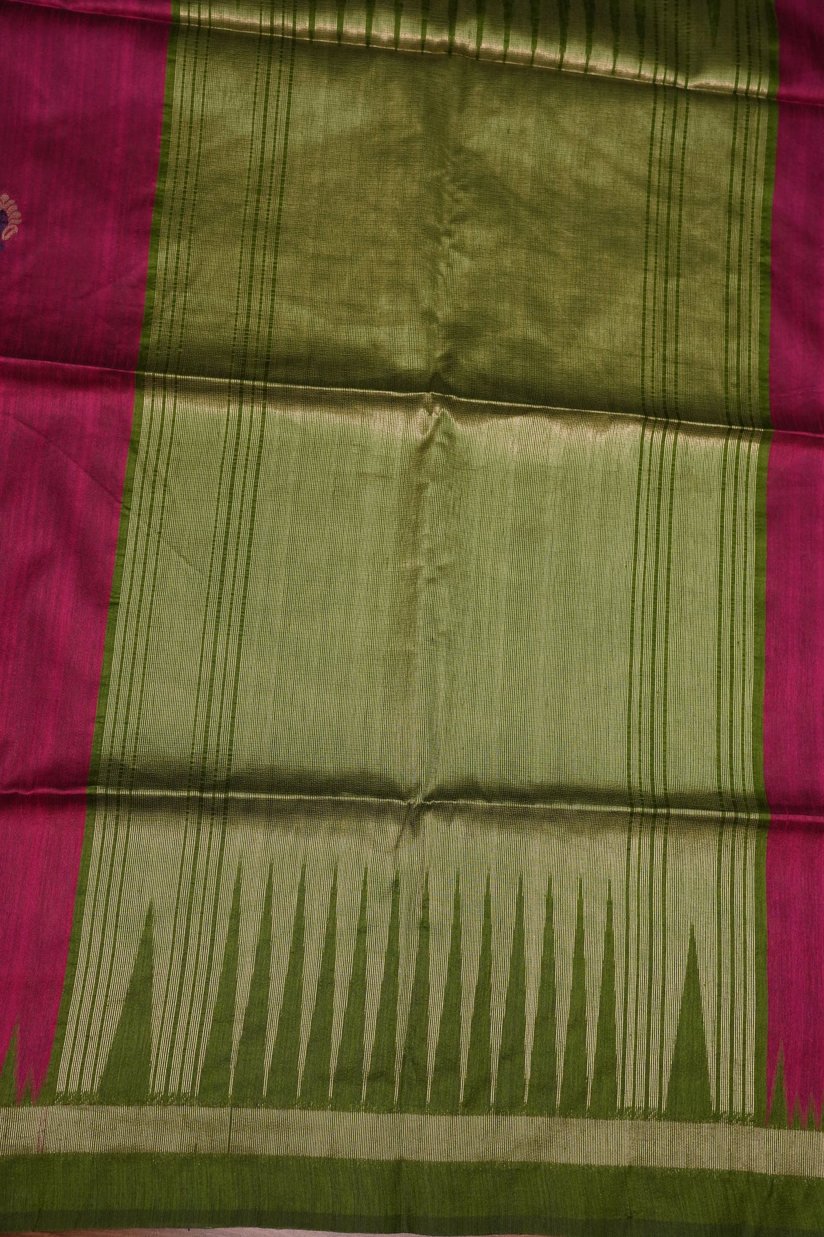 Semi Raw Silk Saree with Temple Border – Rani Pink & Olive Green