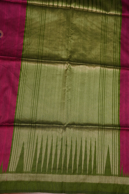 Semi Raw Silk Saree with Temple Border – Rani Pink & Olive Green
