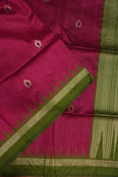 Semi Raw Silk Saree with Temple Border – Rani Pink & Olive Green