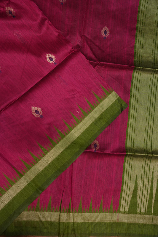 Semi Raw Silk Saree with Temple Border – Rani Pink & Olive Green
