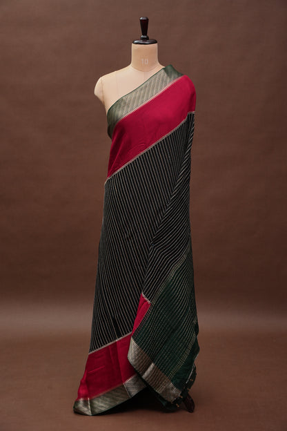 Georgette Crepe Silk Saree in Black with Red & Green Borders