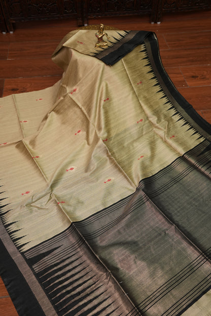 Semi Raw Silk Saree with Temple Border – Ivory & Black