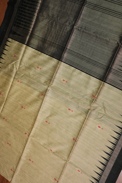 Semi Raw Silk Saree with Temple Border – Ivory & Black