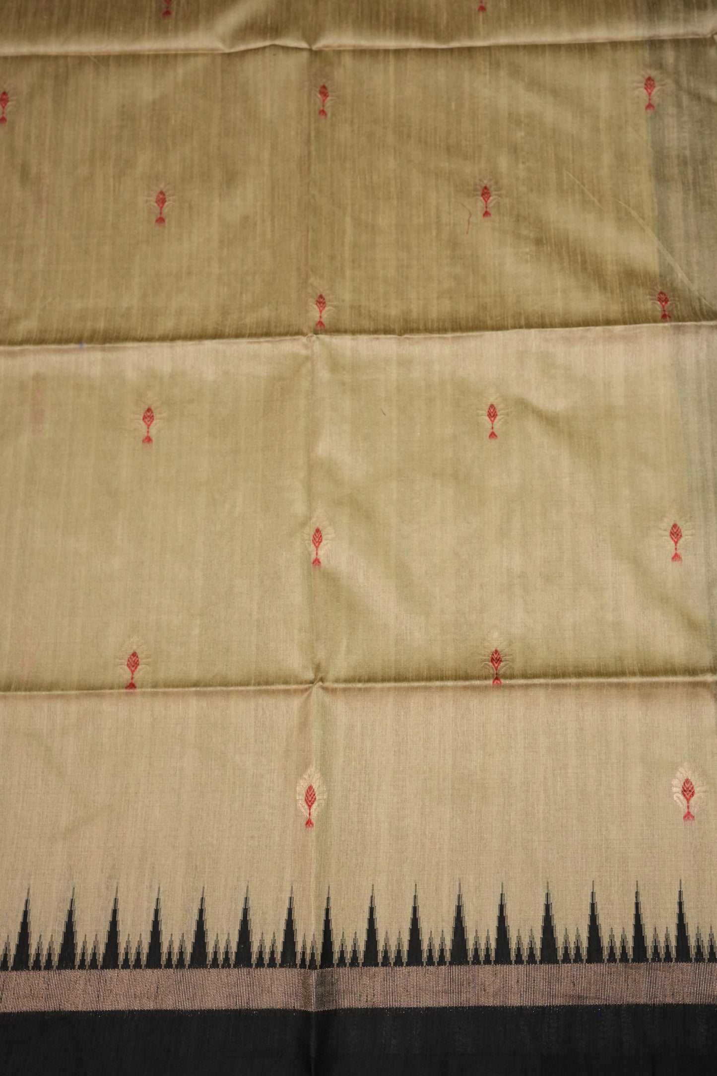 Semi Raw Silk Saree with Temple Border – Ivory & Black