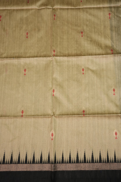 Semi Raw Silk Saree with Temple Border – Ivory & Black