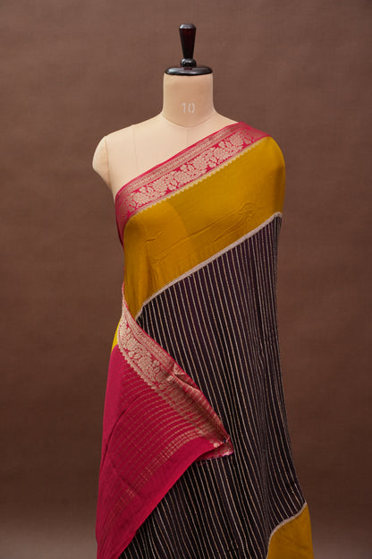 Georgette Crepe Silk Saree in Black with Mustard & Red Borders