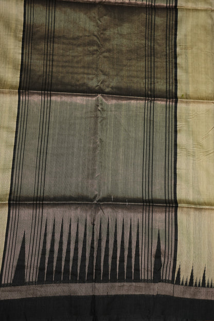 Semi Raw Silk Saree with Temple Border – Ivory & Black