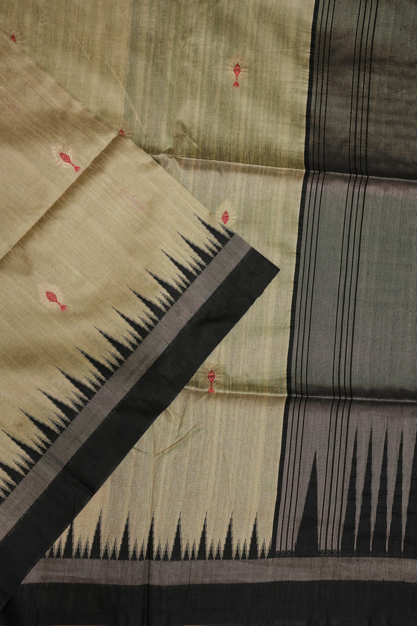 Semi Raw Silk Saree with Temple Border – Ivory & Black