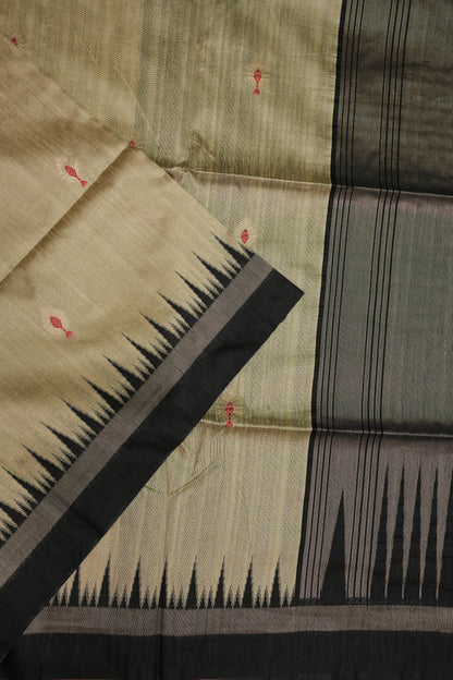 Semi Raw Silk Saree with Temple Border – Ivory & Black