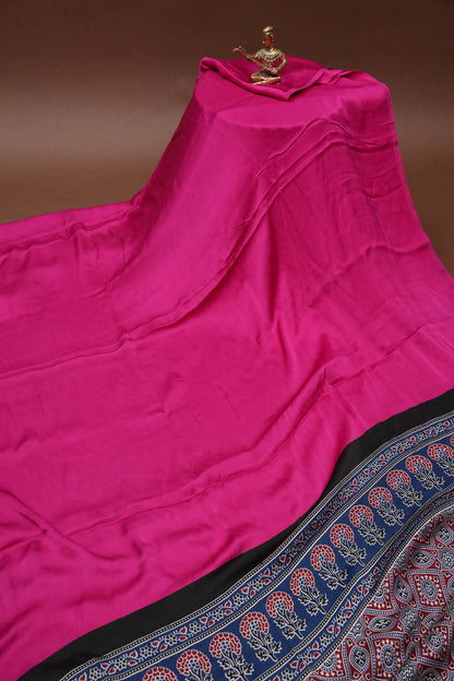 Pure Modal Silk Saree With Ajrakh Printed Pallu - Hot Pink