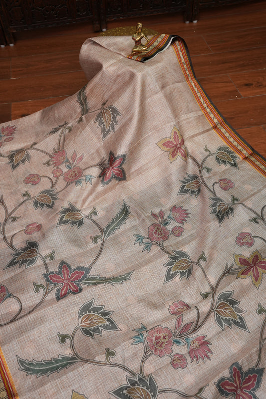 Silk Kota Saree with Sambalpuri Concept Border & Floral Print – Ivory & Black