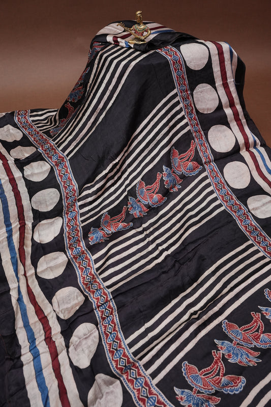 Pure Modal Silk With Block Prints Saree – Black