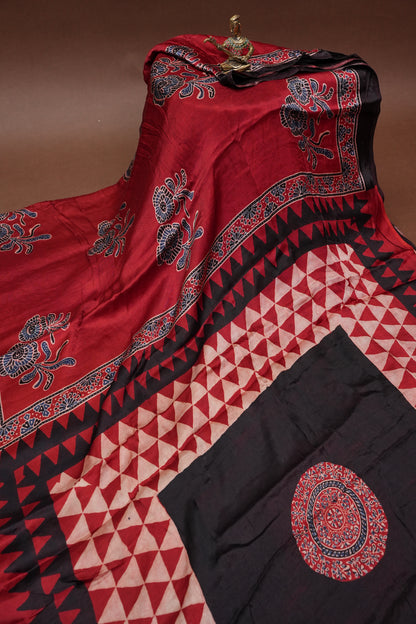 Pure Modal Silk Saree With Block Prints – Deep Red