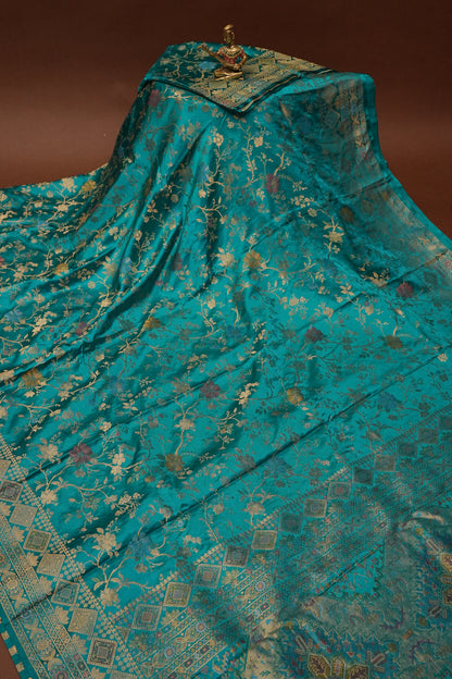 Turquoise Blue Banarasi Satin Silk Saree with Meenakari Floral Zari Weave & Rich Brocade Border-Silk Mark Certified.