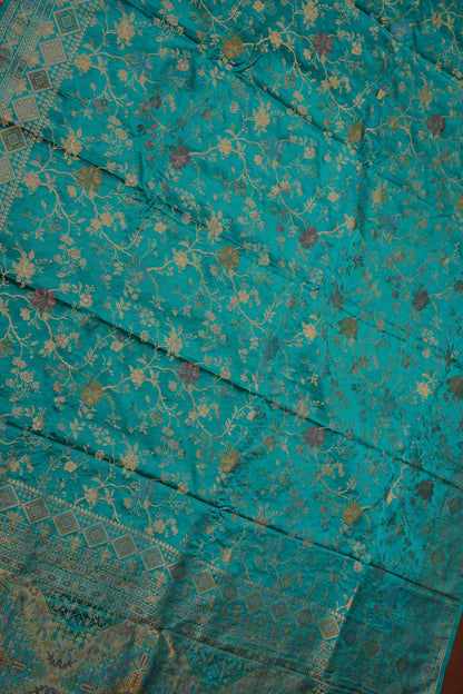 Turquoise Blue Banarasi Satin Silk Saree with Meenakari Floral Zari Weave & Rich Brocade Border-Silk Mark Certified.