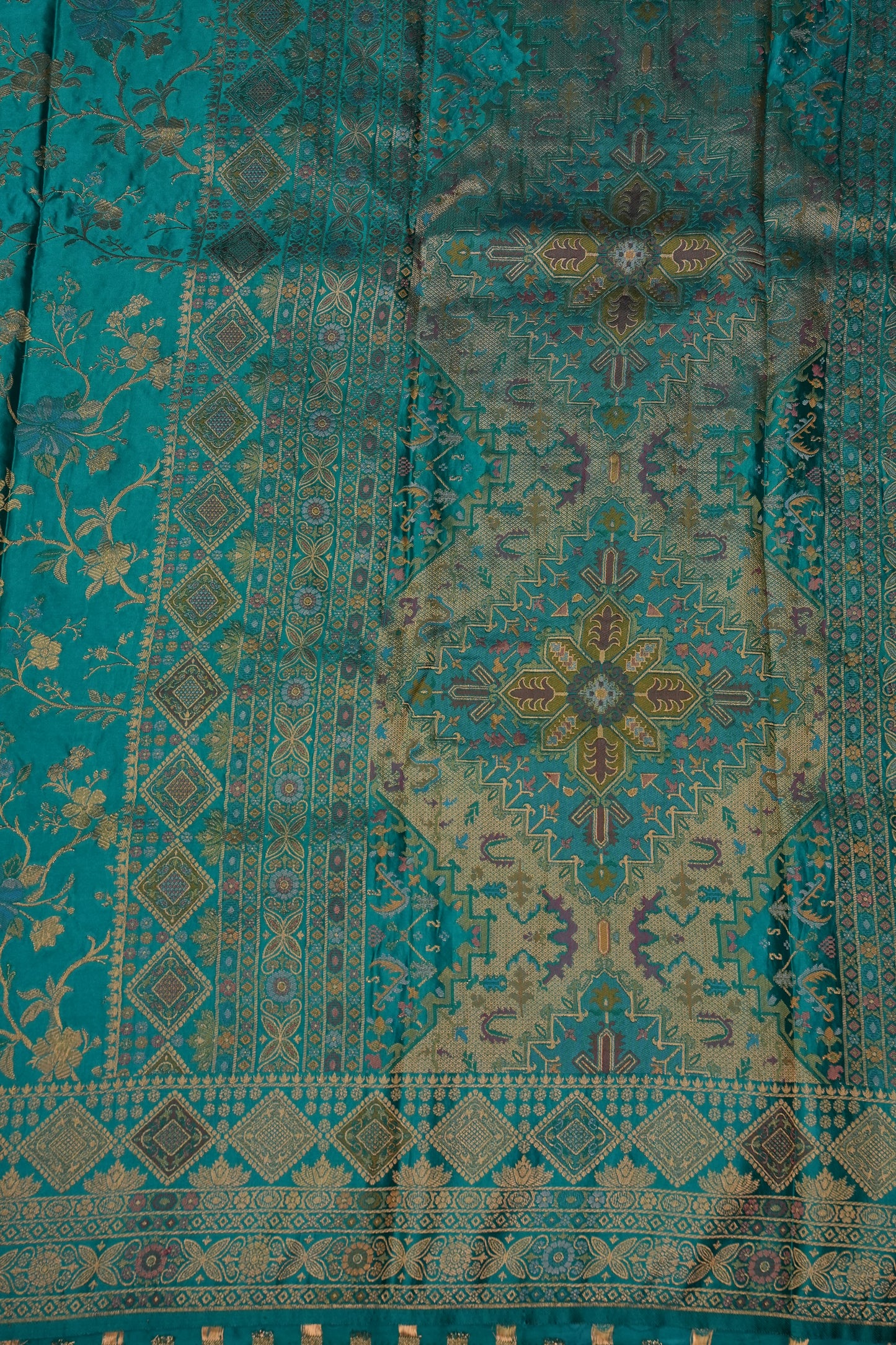 Turquoise Blue Banarasi Satin Silk Saree with Meenakari Floral Zari Weave & Rich Brocade Border-Silk Mark Certified.