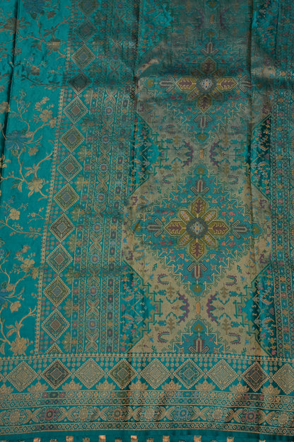 Turquoise Blue Banarasi Satin Silk Saree with Meenakari Floral Zari Weave & Rich Brocade Border-Silk Mark Certified.