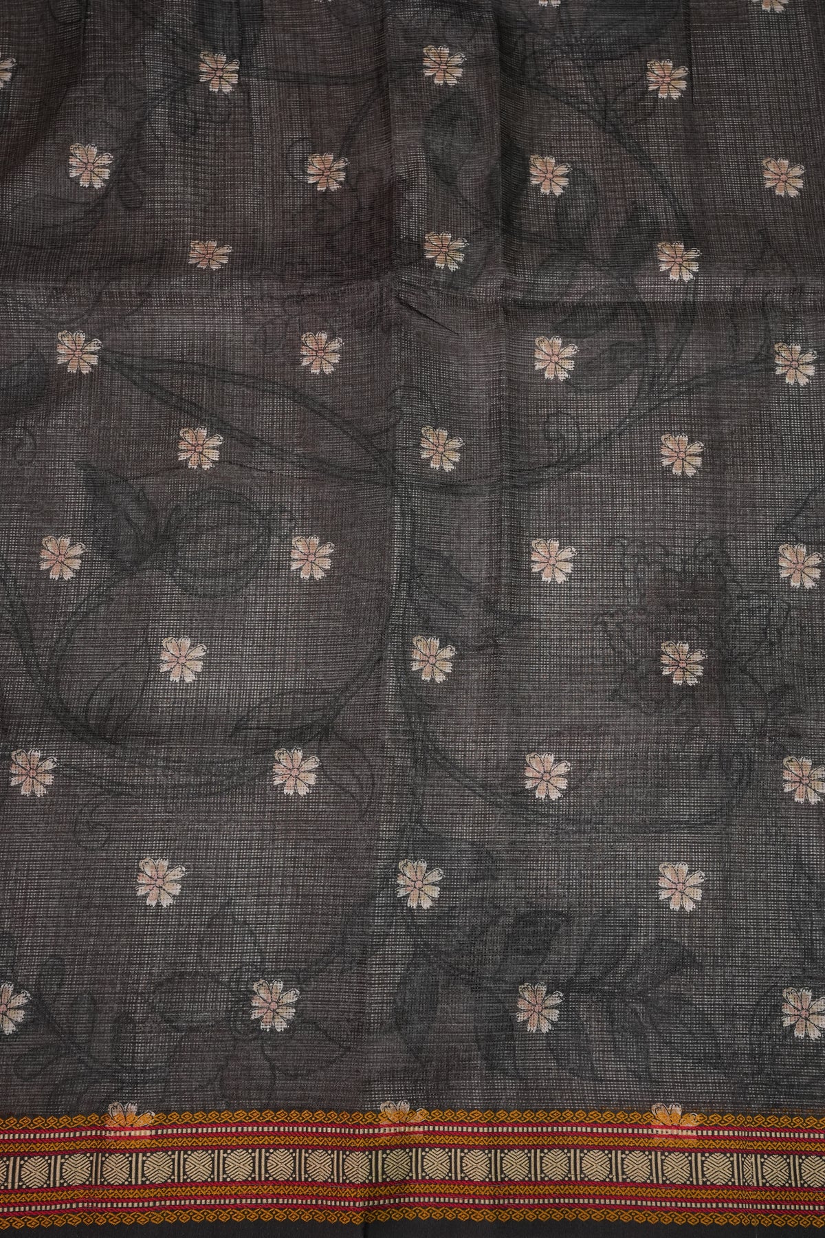 Silk Kota Saree with Sambalpuri Concept Border & Floral Print – Ivory & Black