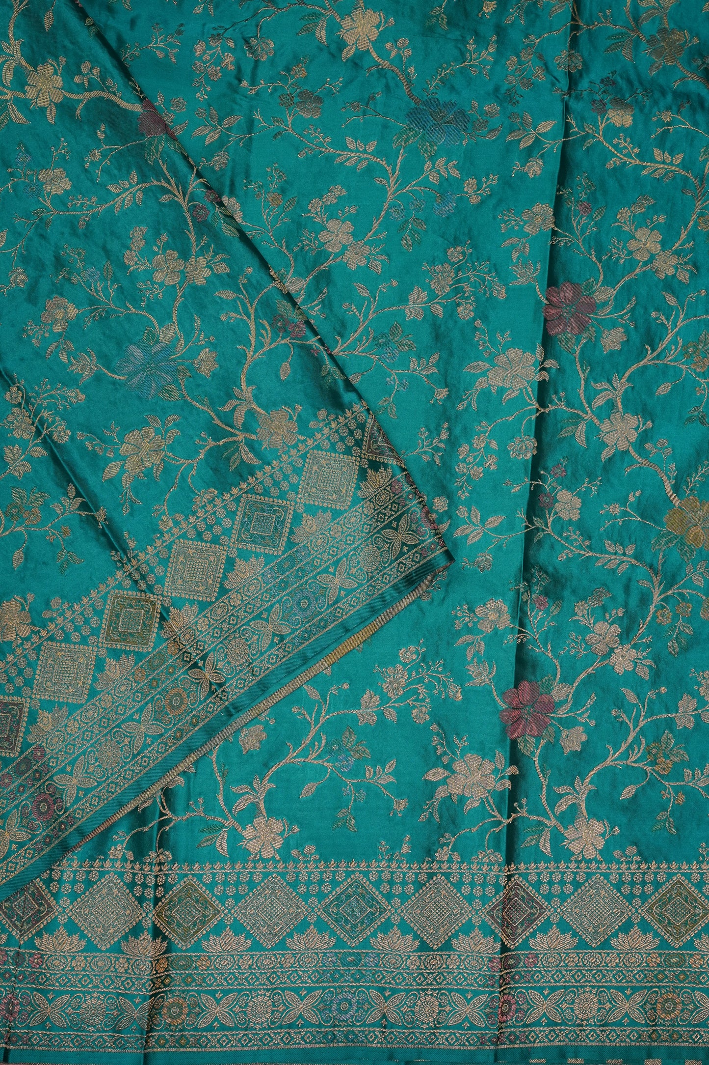 Turquoise Blue Banarasi Satin Silk Saree with Meenakari Floral Zari Weave & Rich Brocade Border-Silk Mark Certified.
