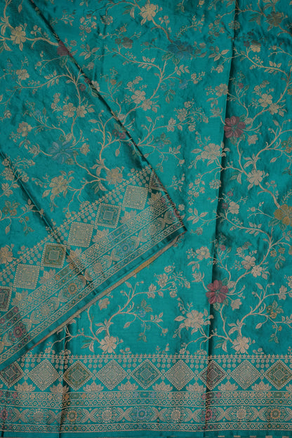 Turquoise Blue Banarasi Satin Silk Saree with Meenakari Floral Zari Weave & Rich Brocade Border-Silk Mark Certified.