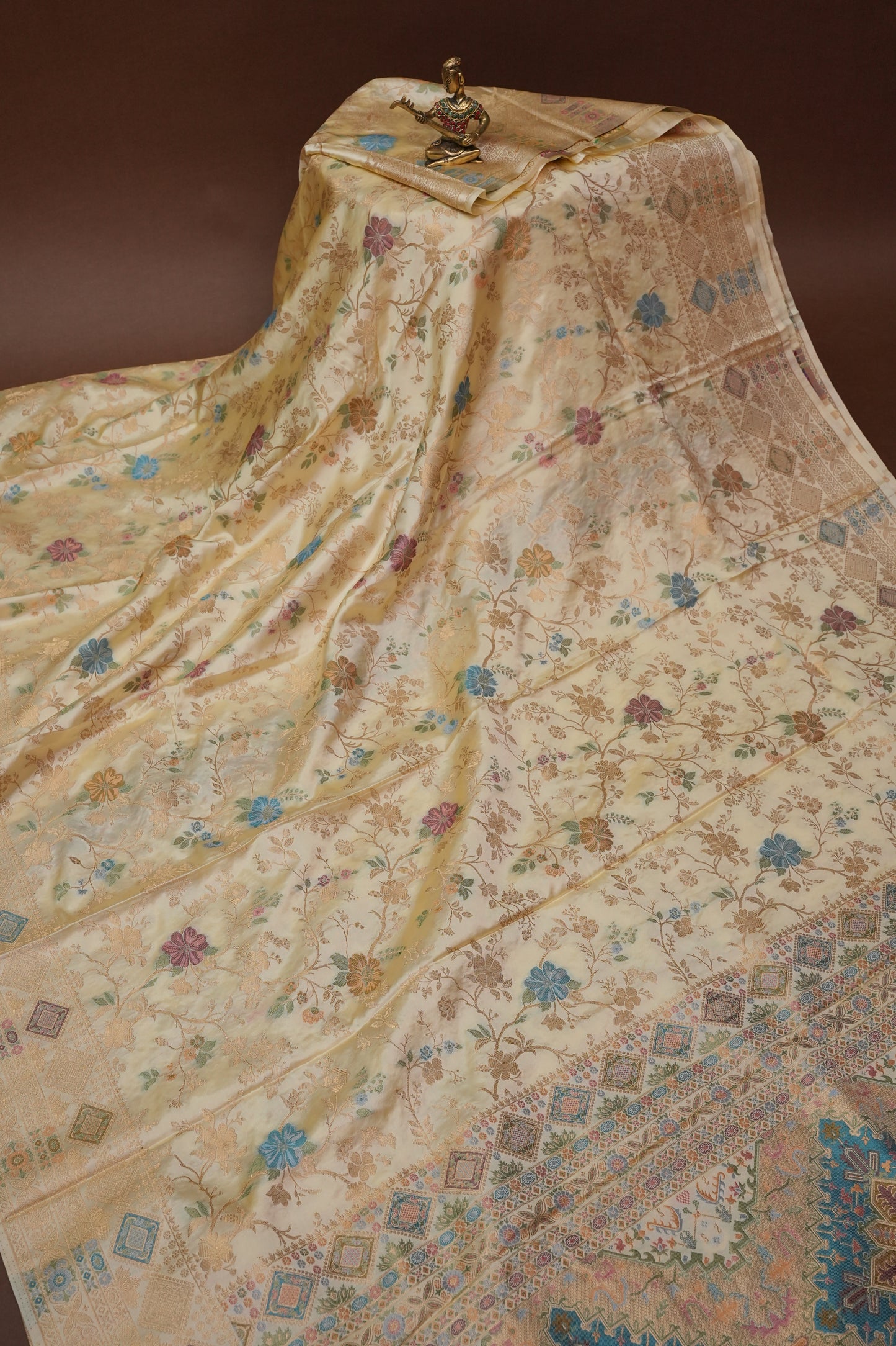 Ivory Banarasi Satin Silk Saree with Meenakari Floral Zari Weave & Heritage Brocade Pallu-Silk Mark Certified.