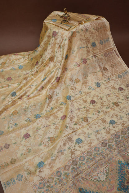 Ivory Banarasi Satin Silk Saree with Meenakari Floral Zari Weave & Heritage Brocade Pallu-Silk Mark Certified.