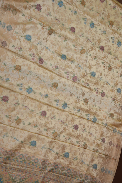 Ivory Banarasi Satin Silk Saree with Meenakari Floral Zari Weave & Heritage Brocade Pallu-Silk Mark Certified.