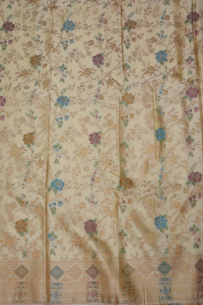 Ivory Banarasi Satin Silk Saree with Meenakari Floral Zari Weave & Heritage Brocade Pallu-Silk Mark Certified.