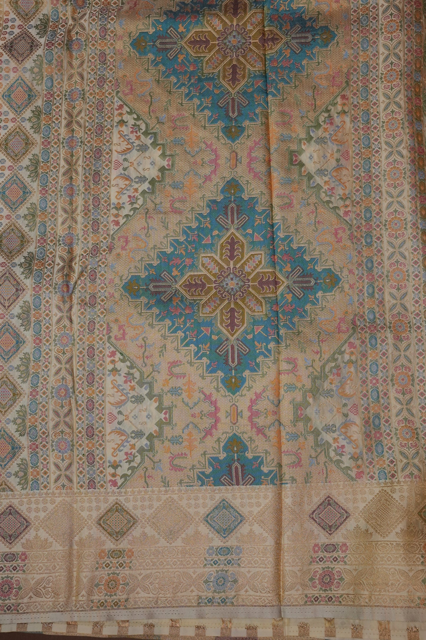 Ivory Banarasi Satin Silk Saree with Meenakari Floral Zari Weave & Heritage Brocade Pallu-Silk Mark Certified.