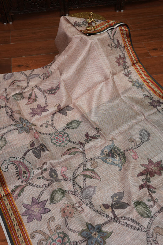 Silk Kota Saree with Sambalpuri Concept Border & Floral Print – Ivory & Black