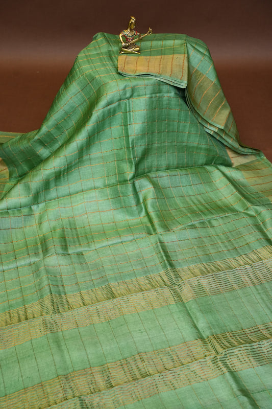 Pure Tussar Silk Saree with Handpainted Blouse-Sea Green