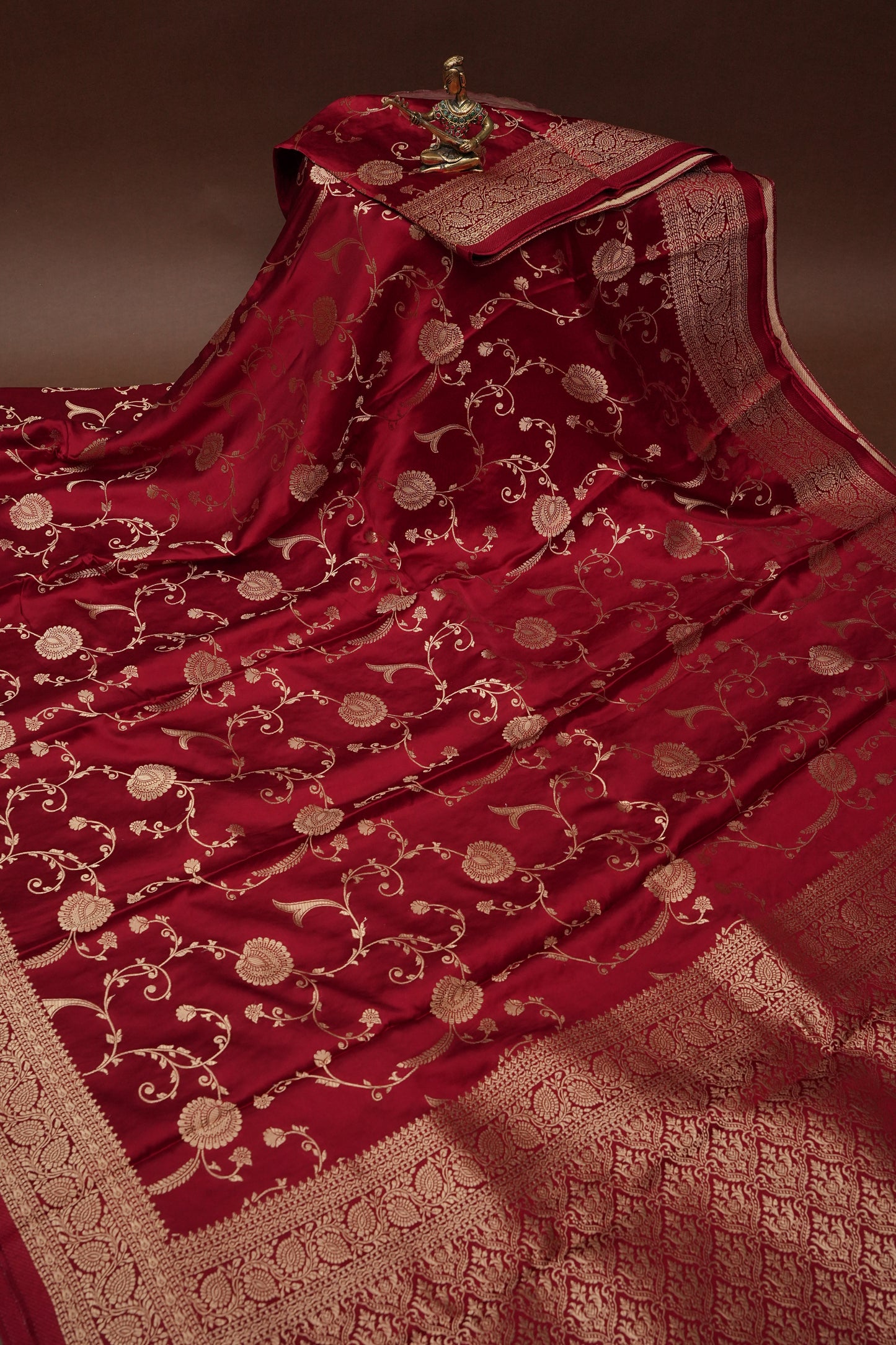Pure Mashru Silk Saree in Deep Red with Intricate Jaal Weave-Silk Mark Certified