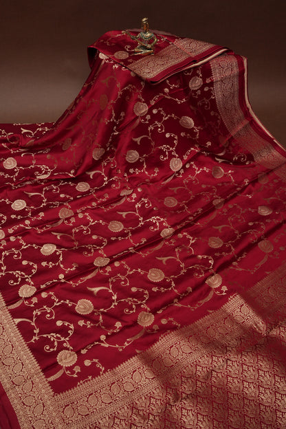 Pure Mashru Silk Saree in Deep Red with Intricate Jaal Weave-Silk Mark Certified