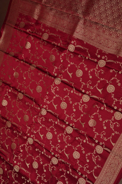 Pure Mashru Silk Saree in Deep Red with Intricate Jaal Weave-Silk Mark Certified