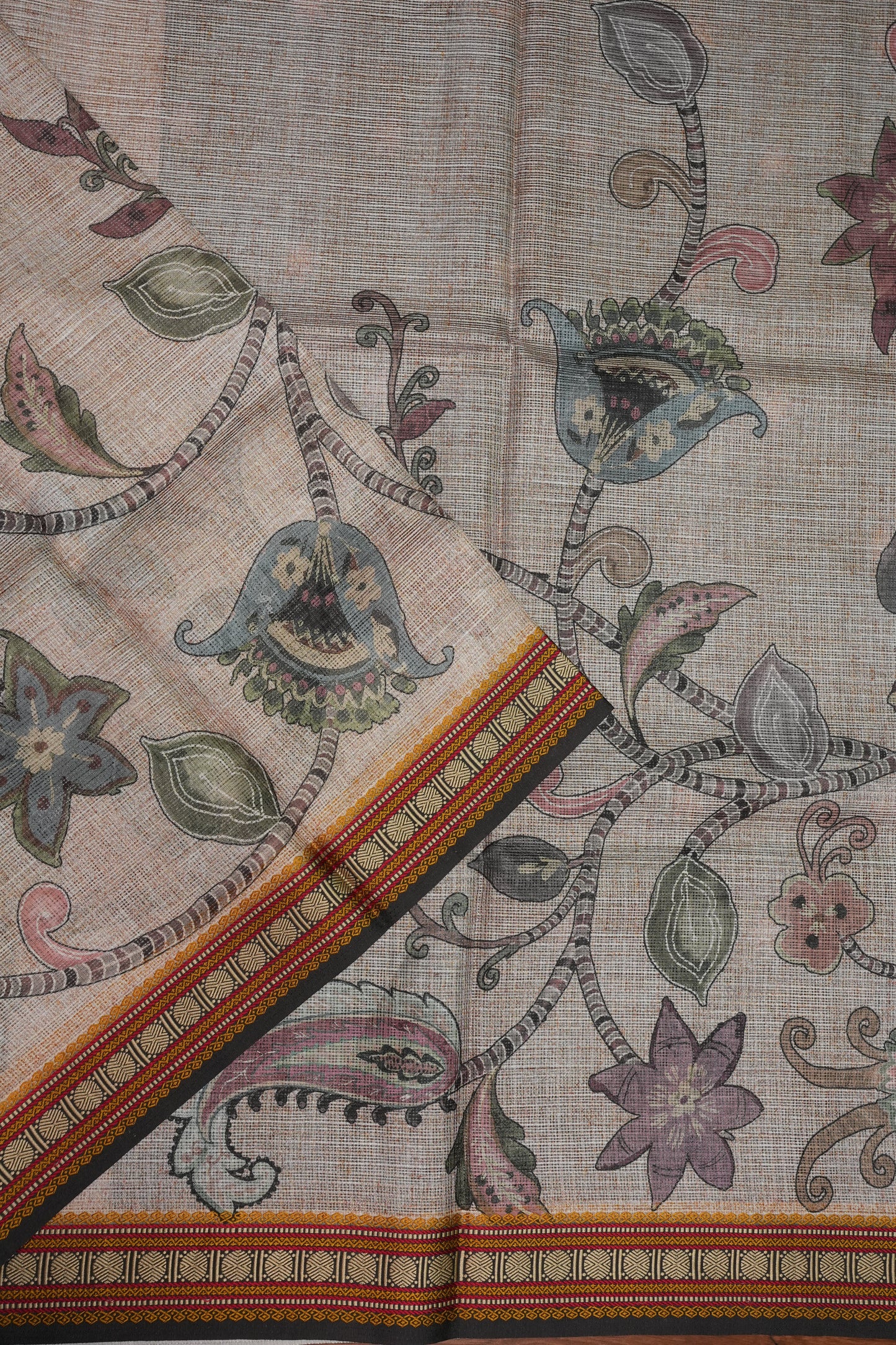 Silk Kota Saree with Sambalpuri Concept Border & Floral Print – Ivory & Black