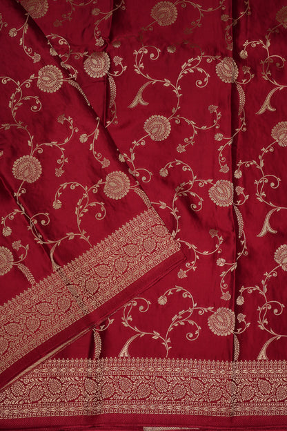 Pure Mashru Silk Saree in Deep Red with Intricate Jaal Weave-Silk Mark Certified
