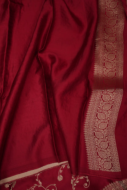 Pure Mashru Silk Saree in Deep Red with Intricate Jaal Weave-Silk Mark Certified