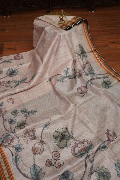 Silk Kota Saree with Sambalpuri Concept Border & Floral Print – Ivory & Black