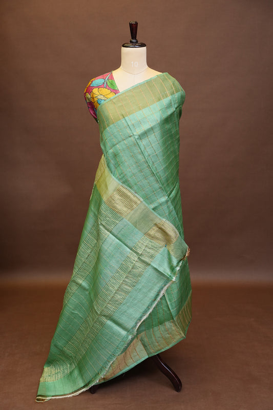 Pure Tussar Silk Saree with Handpainted Blouse-Sea Green