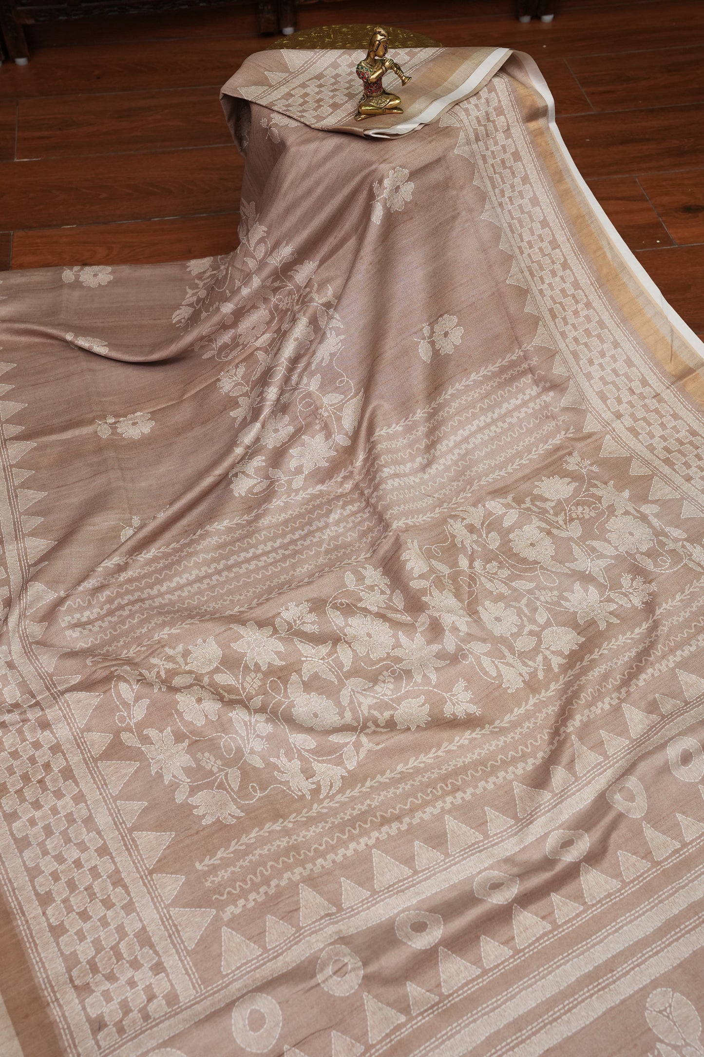 Semi Tussar Silk Saree with Digital Floral Prints – Taupe Beige