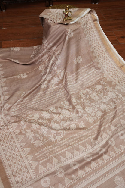 Semi Tussar Silk Saree with Digital Floral Prints – Taupe Beige