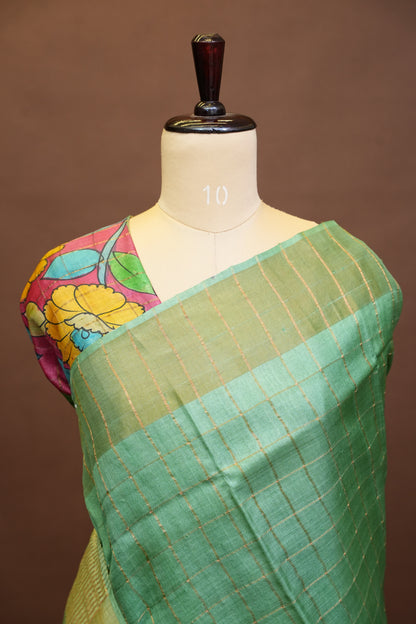 Pure Tussar Silk Saree with Handpainted Blouse-Sea Green|Silk Mark Certified