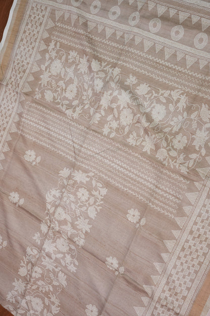Semi Tussar Silk Saree with Digital Floral Prints – Taupe Beige