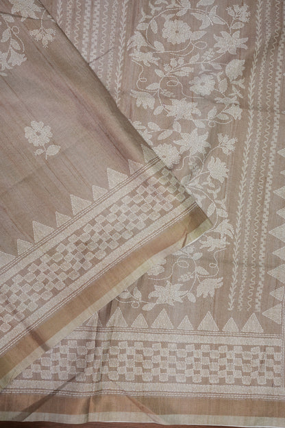 Semi Tussar Silk Saree with Digital Floral Prints – Taupe Beige